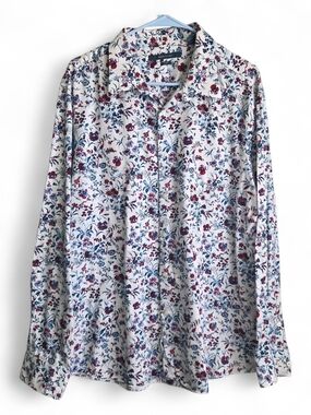 Perry Ellis White Button-Down Shirt with Blue & Red Floral Print